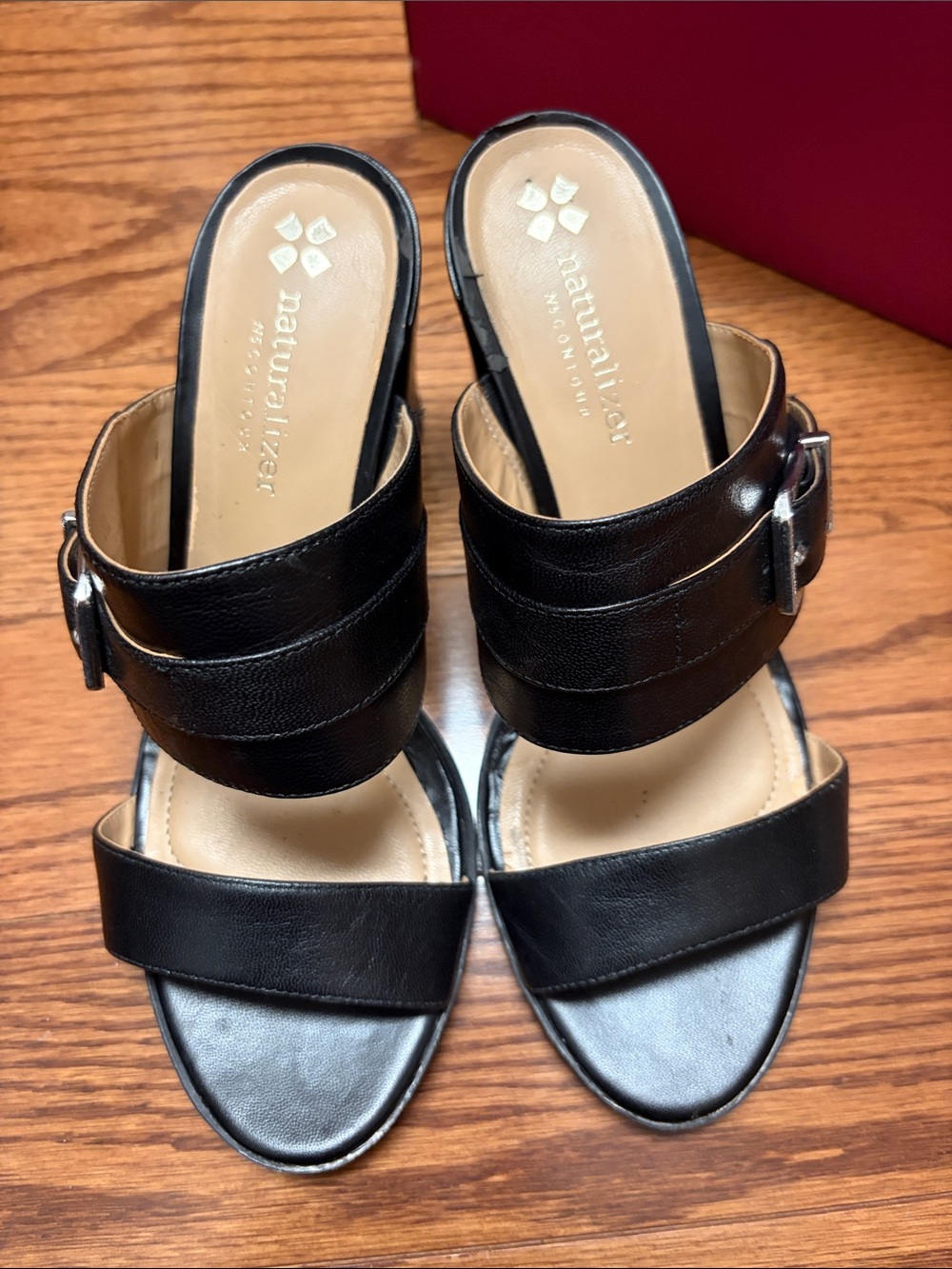 Naturalizer Black Leather Slide Mules with Buckle